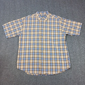 Outlooks Shirt Mens Large Beige Blue Plaid Short Sleeve Button Up Cotton Casual